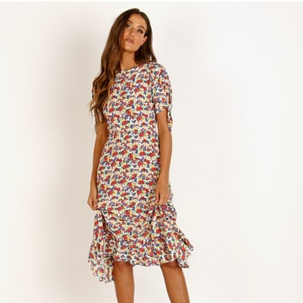 Faithfull the Brand Pink Emilia Floral Daisy Tie Midi Dress